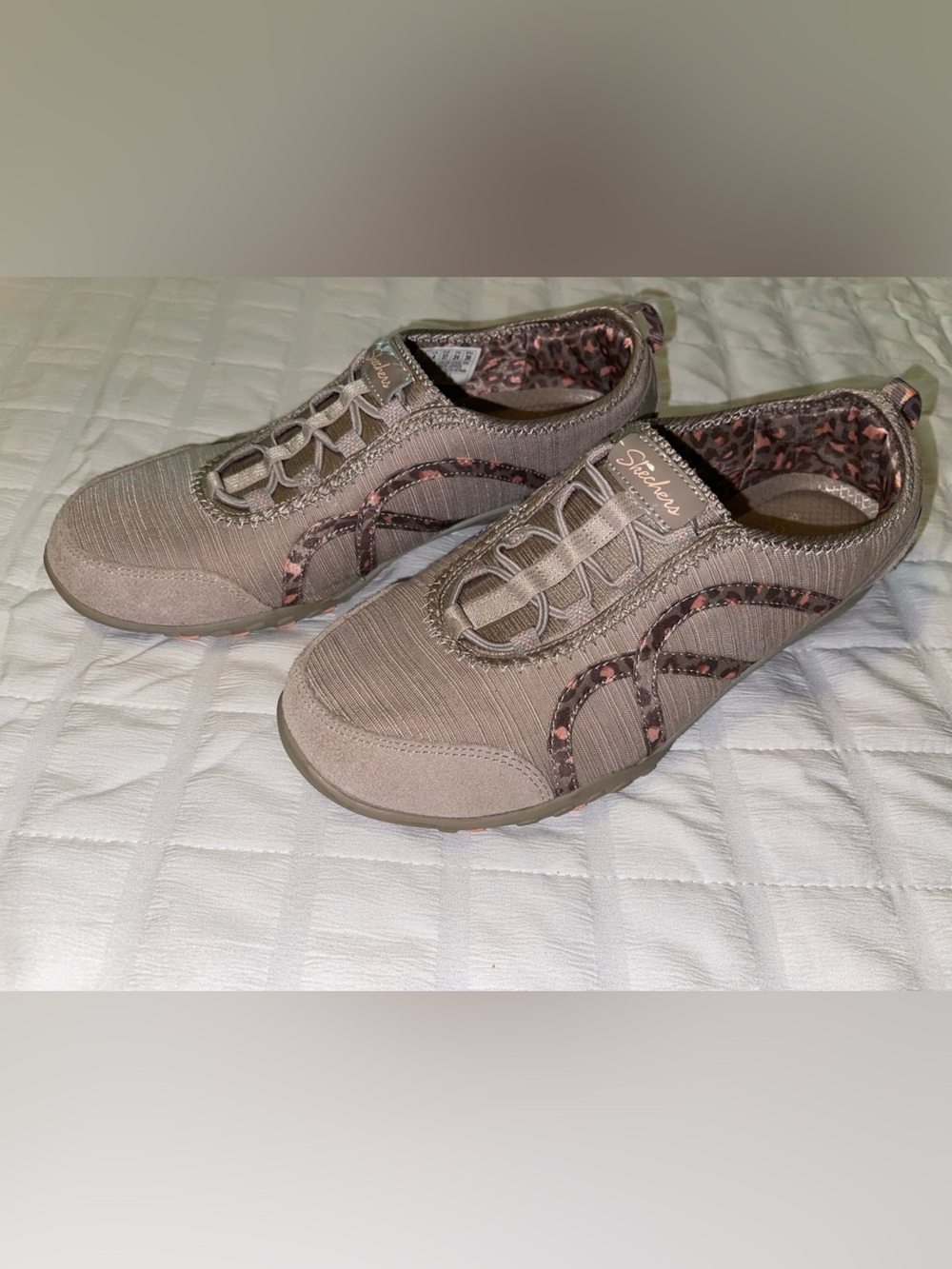 Skechers Taupe Slip-On Sneakers with Leopard Accent